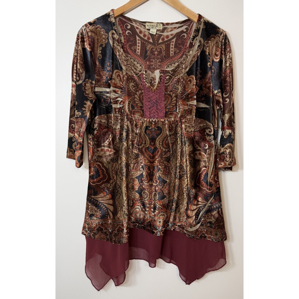 New! Emerald Paisley Velvet Chiffon Hem Tunic Top Burgundy Medium Pullover